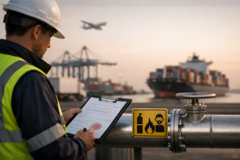 Operario industrial revisando un portapapeles junto a una tubería con válvula y señal de gas en un puerto, con un buque portacontenedores al fondo.