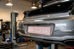 Primer plano de una matrícula de coche provisional de color rosa con caracteres franceses, representando la nueva normativa WW y W garaje para 2026.