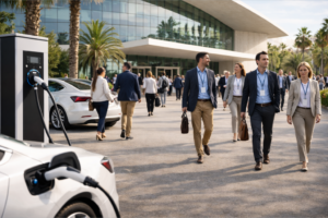 Asistentes con acreditaciones llegan a un congreso de movilidad en un palacio de congresos, junto a coches eléctricos cargando.