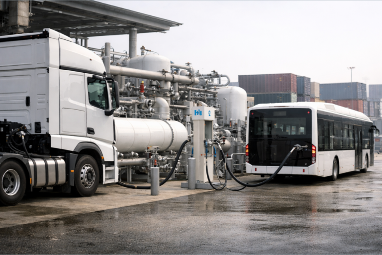 Camion et bus ravitaillant en hydrogène dans une station H2 sur un hub logistique industriel.