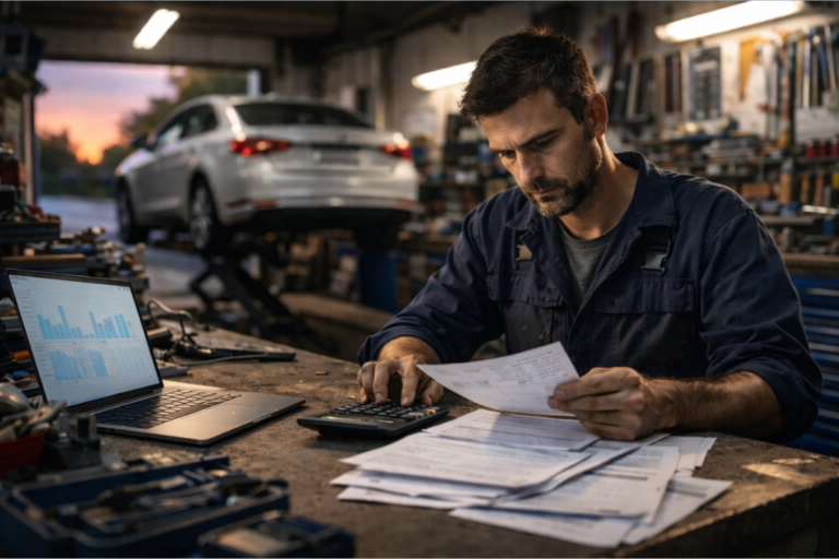 Propietario de un taller mecánico revisa facturas con calculadora y portátil al final del día, con un coche en el elevador al fondo.