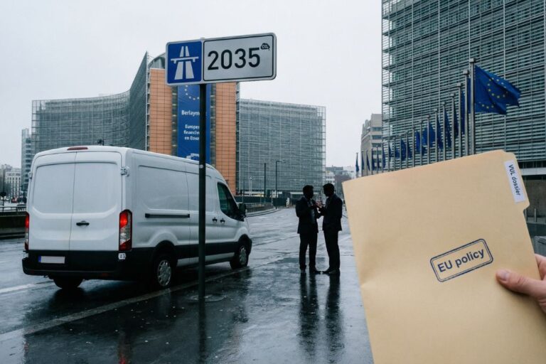 Paquete automovilístico europeo en Bruselas: señal “2035”, documento “VUL dossier” y una furgoneta, reflejando mayor flexibilidad y preocupación industrial.