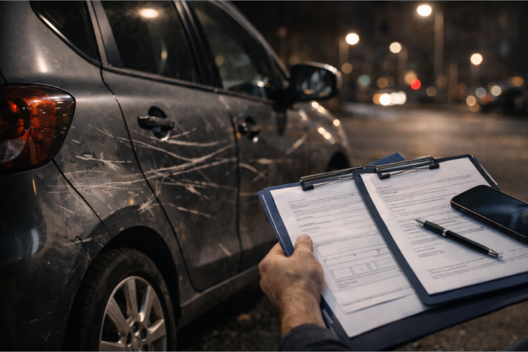 Coche aparcado con arañazos de vandalismo mientras una persona sostiene documentos de reclamación y póliza de seguro en primer plano.