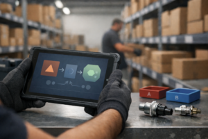 Interface de ferramenta digital de referências cruzadas OEM/IAM num computador, utilizada por um distribuidor de peças automóveis para identificar equivalências de componentes.