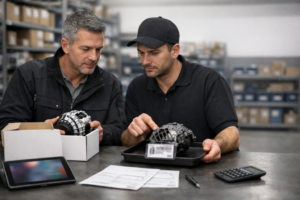 Dos profesionales de posventa comparan un alternador nuevo en caja y otro de recambio en una bandeja, con documentos, tablet y calculadora sobre la mesa.