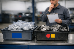 Dos cajas de recambios en un taller: piezas nuevas embaladas frente a piezas de reutilización a granel, mientras un técnico revisa una checklist.