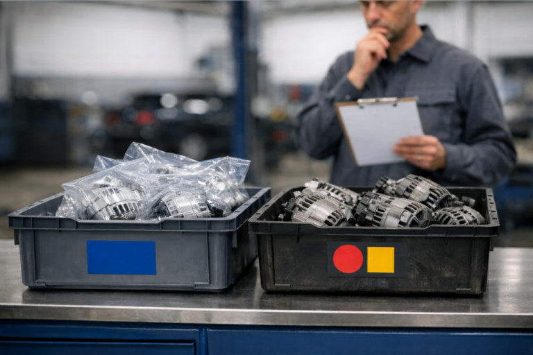 Dos cajas de recambios en un taller: piezas nuevas embaladas frente a piezas de reutilización a granel, mientras un técnico revisa una checklist.