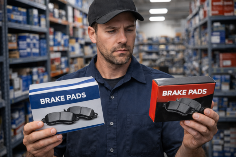 Técnico del taller comparando recambios oficiales y equivalentes mientras revisa precios en RecambioFácil.