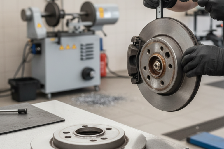 Rectification de disques de frein sur machine en atelier automobile, comparaison avec le remplacement.