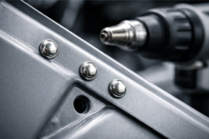 Mecánico utilizando una remachadora en la reparación de la carrocería de un vehículo.