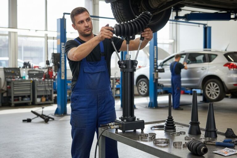 Remplacer un soufflet de cardan : Les outils qui font gagner du temps 5 Technicien remplaçant un soufflet de cardan à l’aide d’outils spécialisés dans un atelier automobile.
