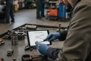 Técnico a inspecionar uma biela de motor numa bancada de oficina, com documentos de orçamento e ferramentas ao lado.
