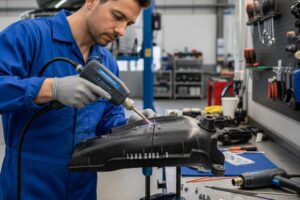 Technicien réparant un pare-chocs en plastique dans un atelier automobile.