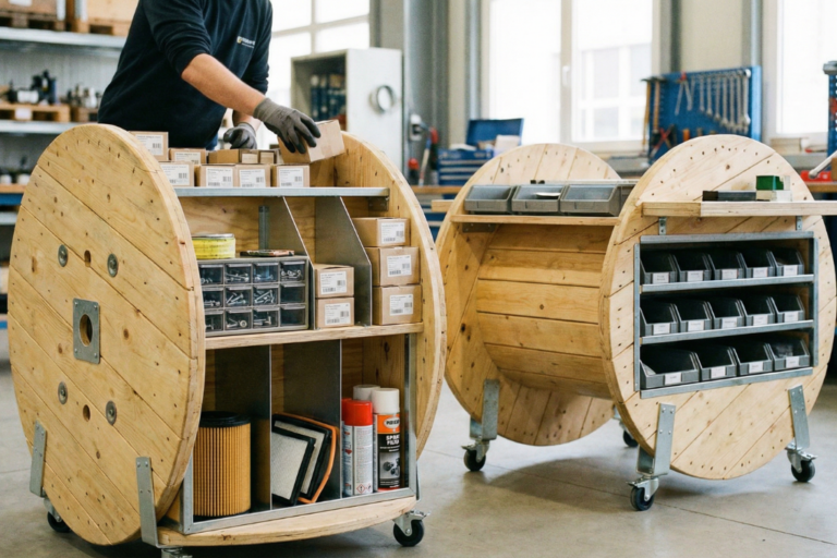 Bobines de câbles réutilisées comme supports de stockage pour pièces dans un atelier.