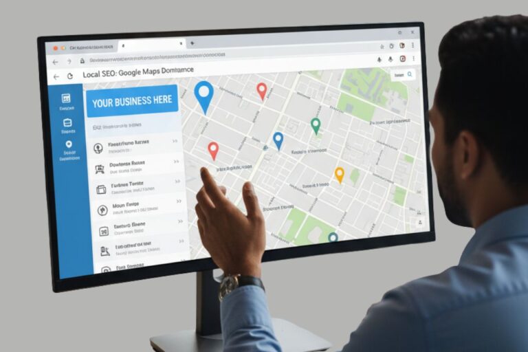 SEO local : Comment apparaître premier sur Google Maps 23 Consultant en marketing analysant une carte Google Maps pour optimiser le SEO local d’un garage.