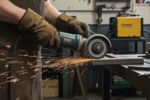 Técnico a utilizar uma rebarbadora numa bancada de oficina, usando equipamento de proteção individual adequado.