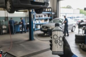 Mecánico aplicando un sellador de fugas en un componente del vehículo siguiendo pautas técnicas.