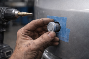 Técnico a instalar um sensor de estacionamento num veículo numa oficina, com ferramentas e equipamento visíveis para medição e ajuste.