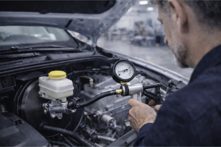 Técnico a inspecionar o servofreio de um veículo numa bancada de oficina, com ferramentas de diagnóstico e equipamento de reparação visíveis.