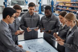 Técnico utilizando un software de homologación para verificar modificaciones en luces antiniebla.