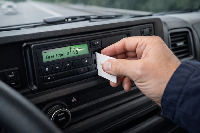 Pantalla mostrando la gestión digital de flotas a través de un tacógrafo 2.0 en un vehículo comercial.