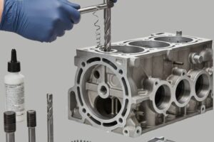 Technicien effectuant un taraudage sur un bloc moteur pour réparer les filetages endommagés.