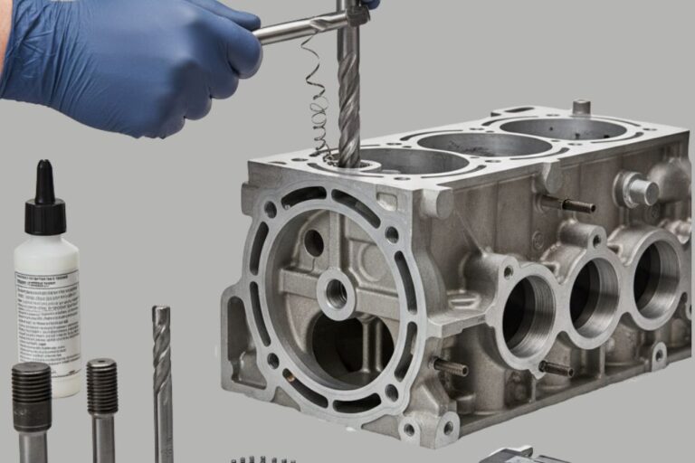 Taraudage et réparation de filetages: Techniques pour bloc moteur 17 Technicien effectuant un taraudage sur un bloc moteur pour réparer les filetages endommagés.