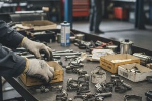 Taller mostrando distintos tipos de abrazaderas automotrices y su aplicación en mangueras y tubos.