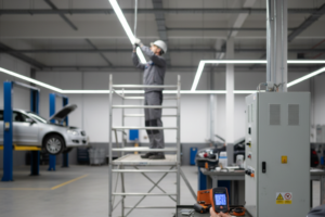 Installation de tubes LED dans un atelier automobile, optimisant l’éclairage et le rendement énergétique.