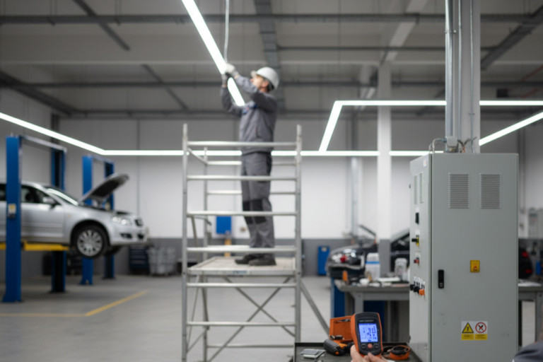 Installation de tubes LED dans un atelier automobile, optimisant l’éclairage et le rendement énergétique.