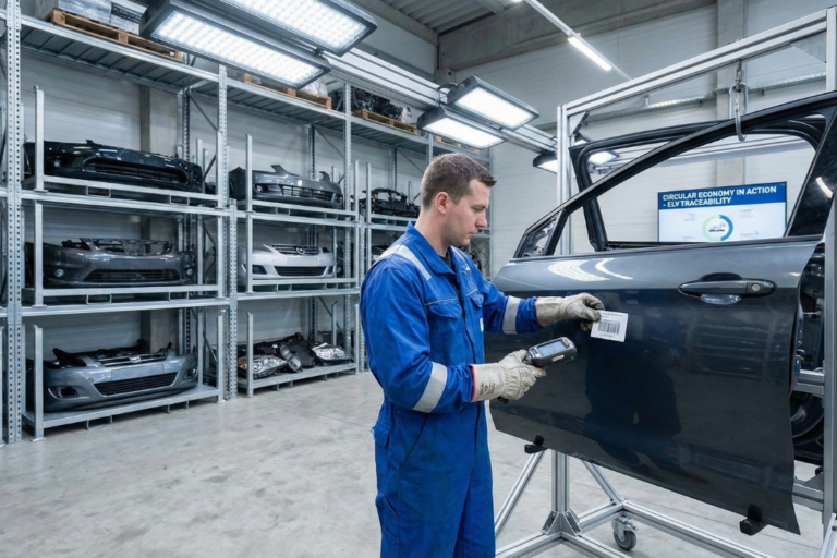 Técnico en un centro de tratamiento de vehículos (CAT) clasificando y etiquetando piezas recuperadas de carrocería para su reutilización.