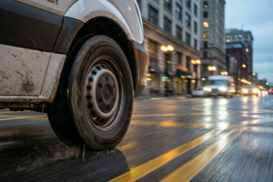 Primer plano de la rueda de una furgoneta de reparto comercial circulando, representando el nuevo neumático Vredestein Comtrac 2+ y la normativa EUDR.