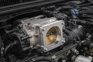 Technicien installant une entretoise de corps de papillon sur un moteur pour une admission custom.