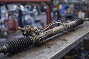 Technicien inspectant une crémaillère de direction pour décider de la réparer ou de la remplacer.