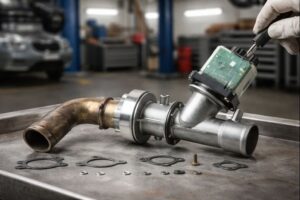 Mecánico realizando un diagnóstico electrónico de la válvula EGR en un motor Euro 6.