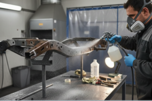 Application d’un antirouille professionnel sur le châssis d’un véhicule en atelier.