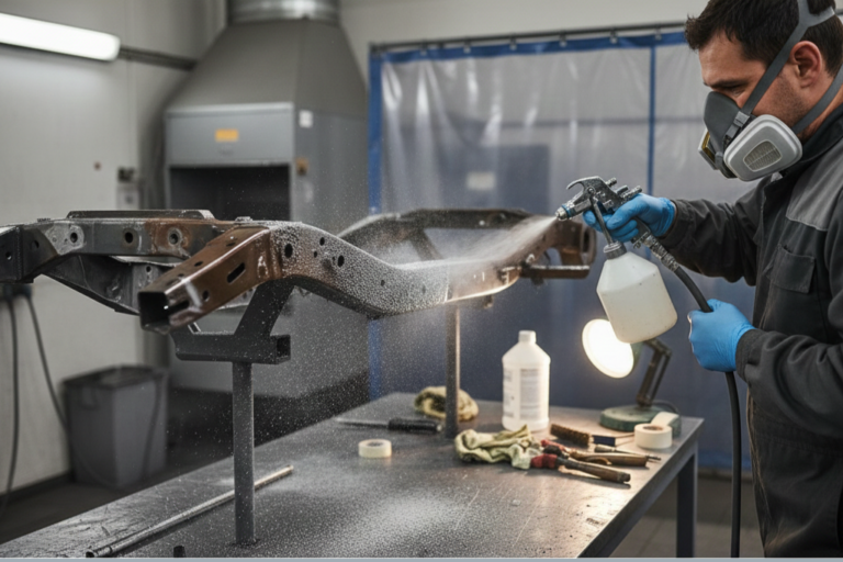 Application d’un antirouille professionnel sur le châssis d’un véhicule en atelier.