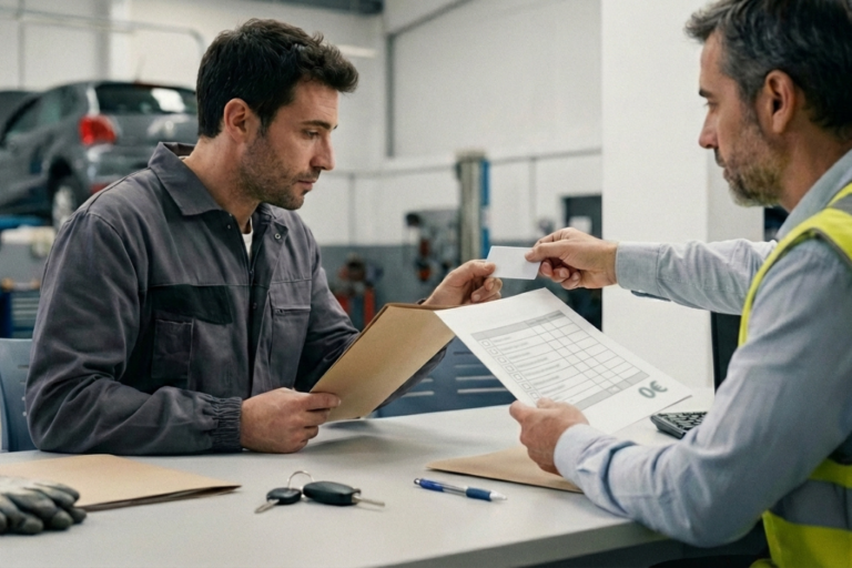 Equipo de taller en un descanso, con un responsable de RR. HH. explicando beneficios en una tableta, en un entorno de concesionario/taller, ilustrando seguros de salud sin copagos para empleados.