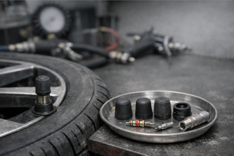 Bouchons anti-poussière de valve en caoutchouc sur des roues, illustrant leur rôle en haute pression.