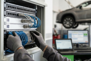 Instalación de cableado estructurado en un taller: patch panel y latiguillos RJ45 en un rack, con un técnico certificando la red con un comprobador, ilustrando infraestructura para taller inteligente.
