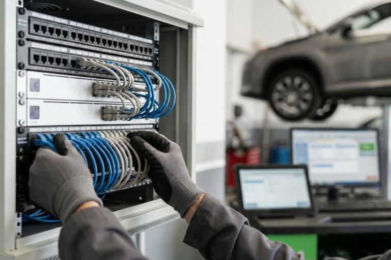 Instalación de cableado estructurado en un taller: patch panel y latiguillos RJ45 en un rack, con un técnico certificando la red con un comprobador, ilustrando infraestructura para taller inteligente.
