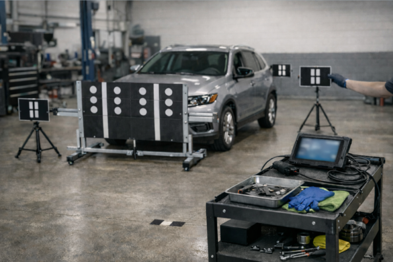 Technicien effectuant la calibration du système ADAS Lane Change Assist sur un véhicule en atelier.