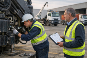 Camión grúa trabajando en un entorno industrial, con el brazo hidráulico extendido levantando una carga y un técnico realizando una inspección visual, ilustrando inversión y mantenimiento en flotas.