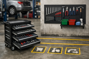 Carro de ferramentas modulares organizado numa oficina, ilustrando a aplicação da metodologia 5S para otimizar produtividade e eficiência.