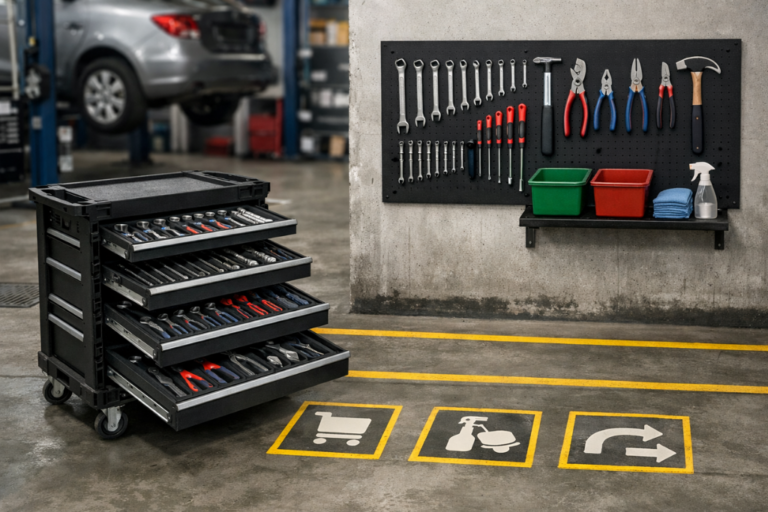 Carro de Ferramentas Modulares: Otimizar a Produtividade em Oficina com a Metodologia 5S 1 Carro de ferramentas modulares organizado numa oficina, ilustrando a aplicação da metodologia 5S para otimizar produtividade e eficiência.