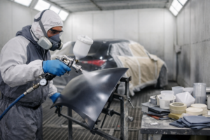 Cabine de peinture automobile équipée de solutions 3M pour améliorer le rendement en carrosserie-peinture.