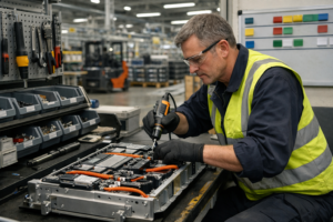 Batteries automobiles Banner en production industrielle, illustrant la montée en charge des commandes.