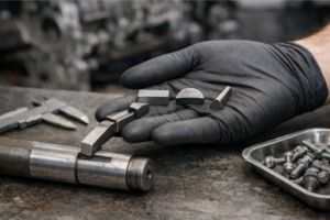 Mão de mecânico com luva a segurar três chavetas (paralela, meia-lua Woodruff e cónica) junto a um eixo metálico com rasgo de chaveta, numa bancada de oficina, ilustrando os tipos e a escolha correta.