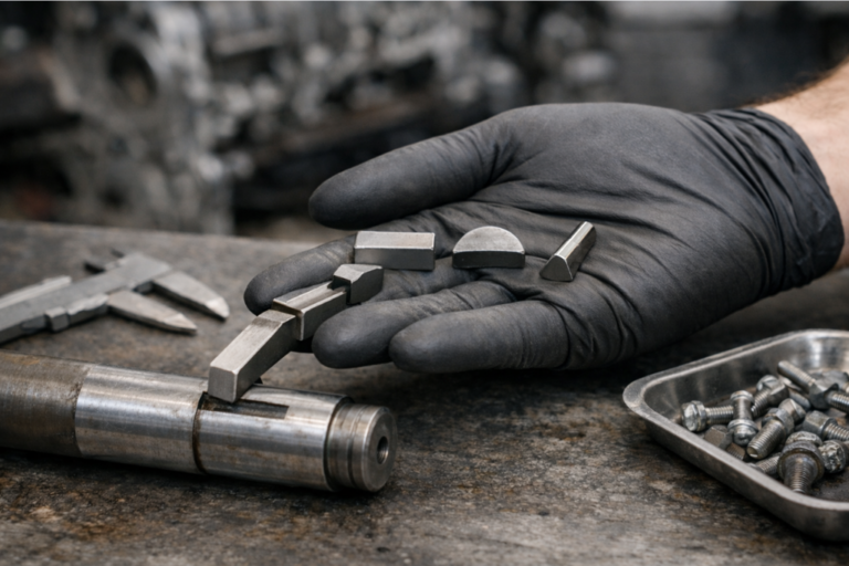 Chaveta: O que é, tipos e como escolher a peça certa para o seu motor 10 Mão de mecânico com luva a segurar três chavetas (paralela, meia-lua Woodruff e cónica) junto a um eixo metálico com rasgo de chaveta, numa bancada de oficina, ilustrando os tipos e a escolha correta.