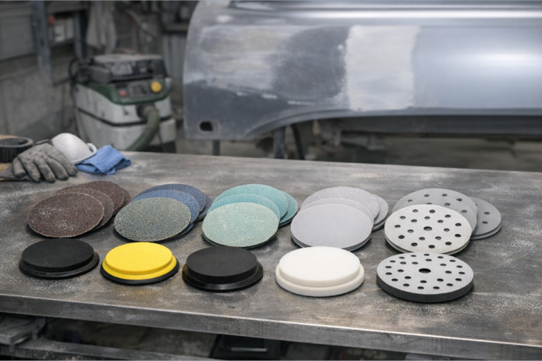 Disques de ponçage de différentes granulométries et supports pour travaux de carrosserie.